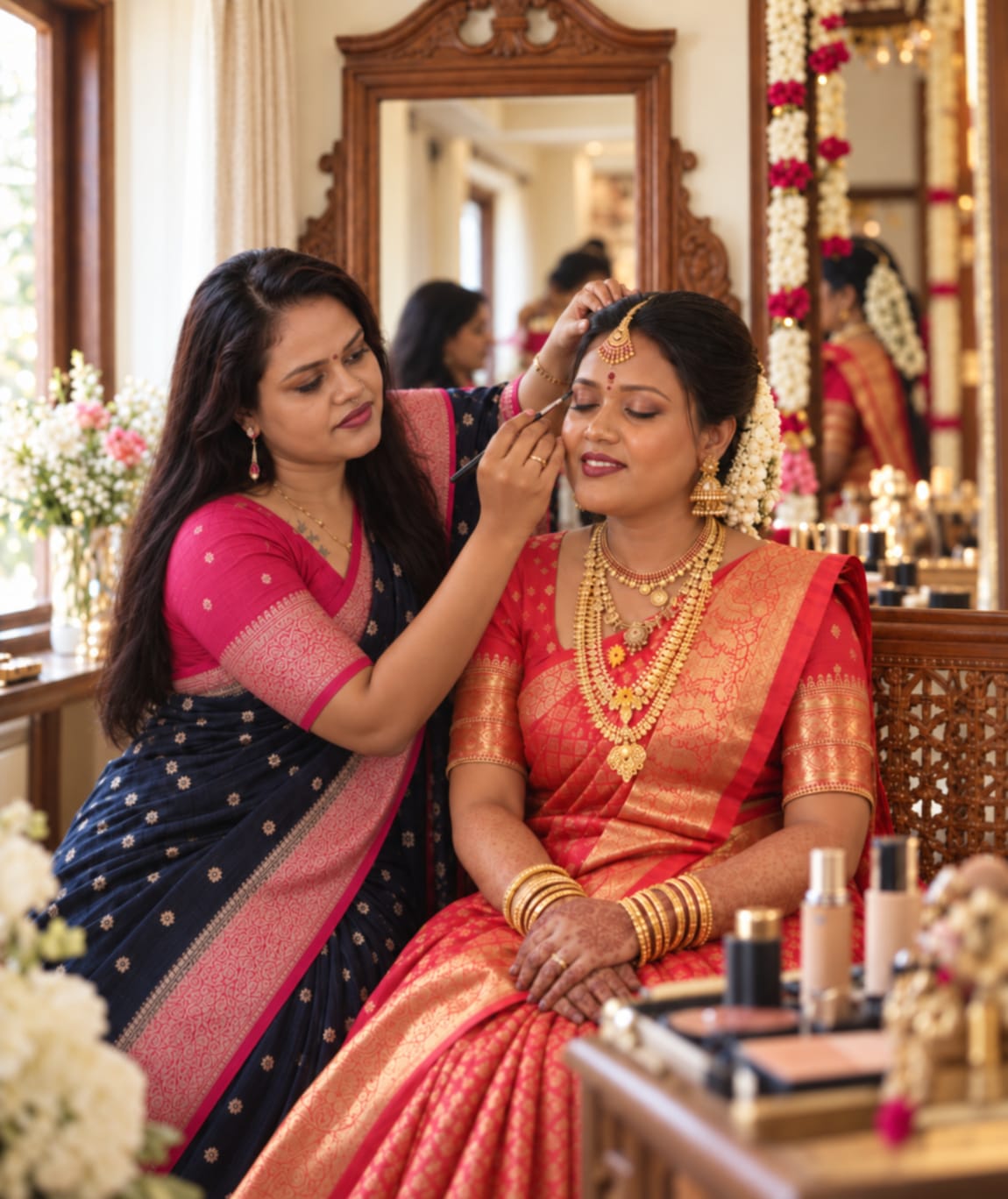 Femitha, professional makeup artist, working on a bride's makeup