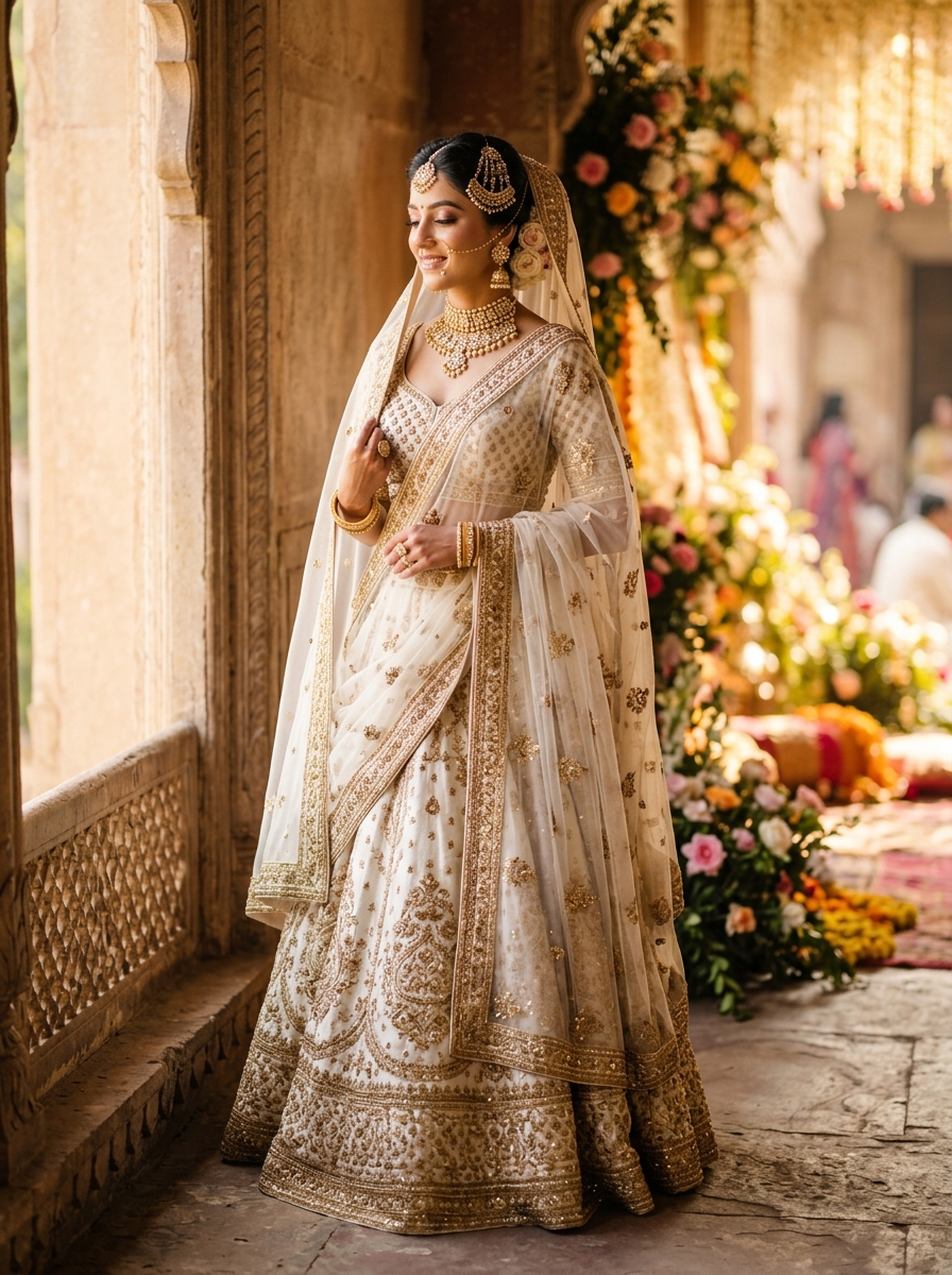 Bride in ivory and gold wearing soft natural bridal makeup